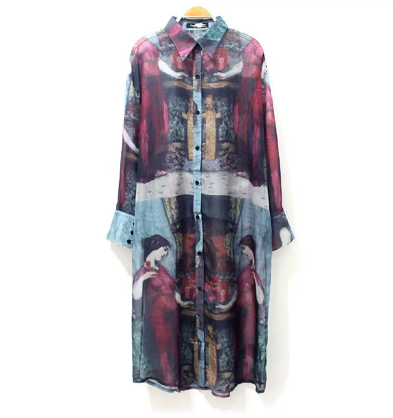 Vintage Street Painting Chiffon Shirt Graffiti Ancient Egypt Print 3/4 Sleeve Long Sunscreen Dress Blouse Tops Loose 1