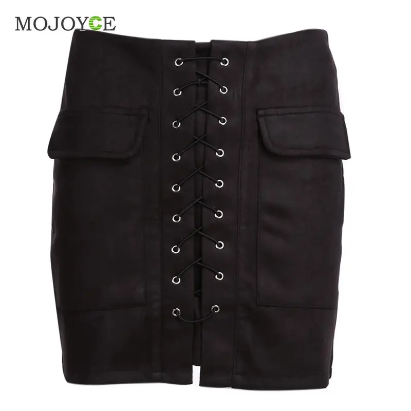 Vintage Suede Leather Short Women Skirt Lace Up Cross Strap Buckskin Leather Skirt High Waist Casual Skirts Womens 1