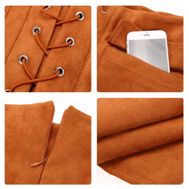 Vintage Suede Leather Short Women Skirt Lace Up Cross Strap Buckskin Leather Skirt High Waist Casual Skirts Womens 11