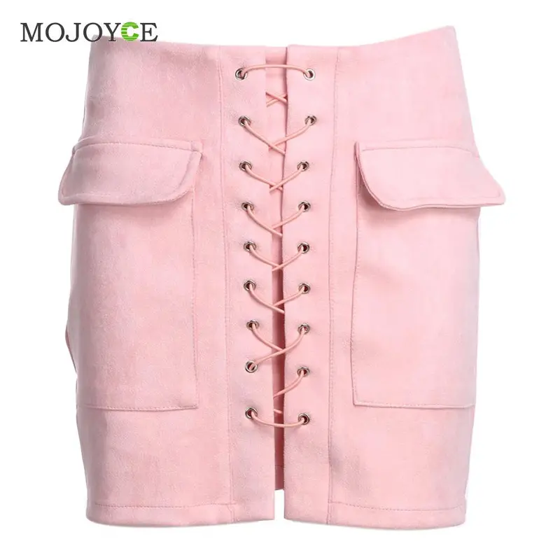 Vintage Suede Leather Short Women Skirt Lace Up Cross Strap Buckskin Leather Skirt High Waist Casual Skirts Womens 5