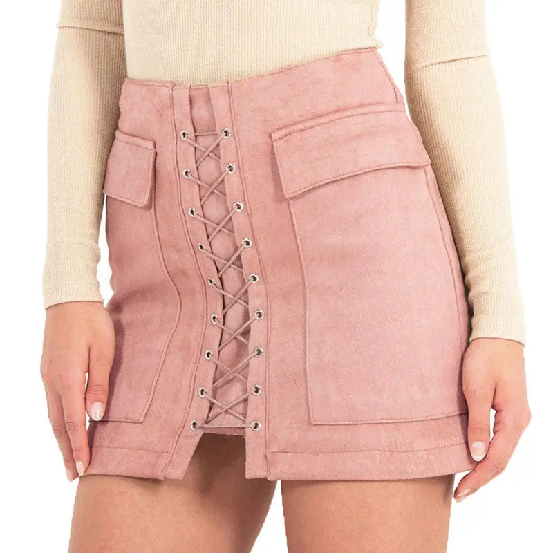 Vintage Suede Leather Short Women Skirt Lace Up Cross Strap Buckskin Leather Skirt High Waist Casual Skirts Womens 6