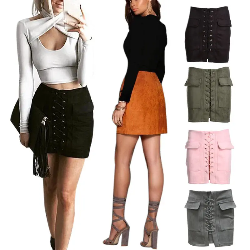 Vintage Suede Leather Short Women Skirt Lace Up Cross Strap Buckskin Leather Skirt High Waist Casual Skirts Womens 7
