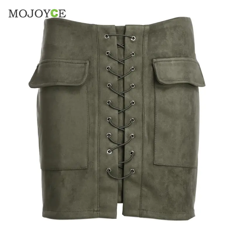 Vintage Suede Leather Short Women Skirt Lace Up Cross Strap Buckskin Leather Skirt High Waist Casual Skirts Womens 9