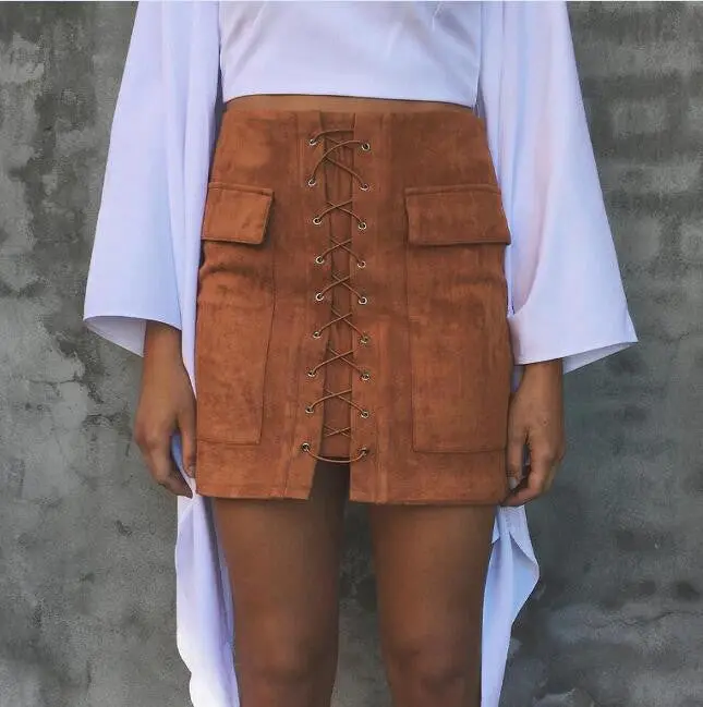Vintage Suede Mini Skirt for Women – Empire Waist Lace-Up Pencil Skirt with Pockets