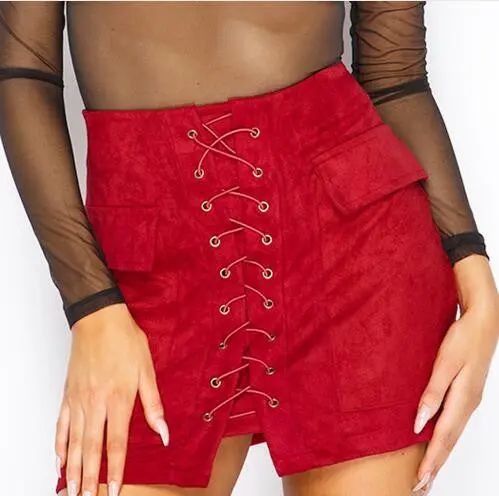 Vintage Suede Mini Skirt for Women – Empire Waist Lace-Up Pencil Skirt with Pockets