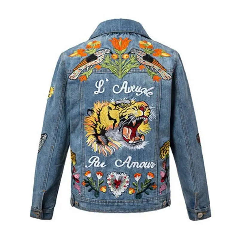 Vintage Tiger Butterfly Flower Bird Animal Embroidery Denim Jacket Woman Blue Turn-Down Collar Two Pockets Coat Outerwear 1