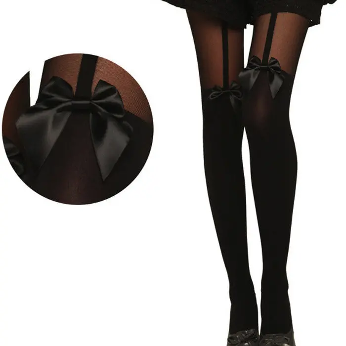 Vintage Tights Bow Pantyhose Tattoo Mock Bow Suspender Sheer Stockings Feida 1