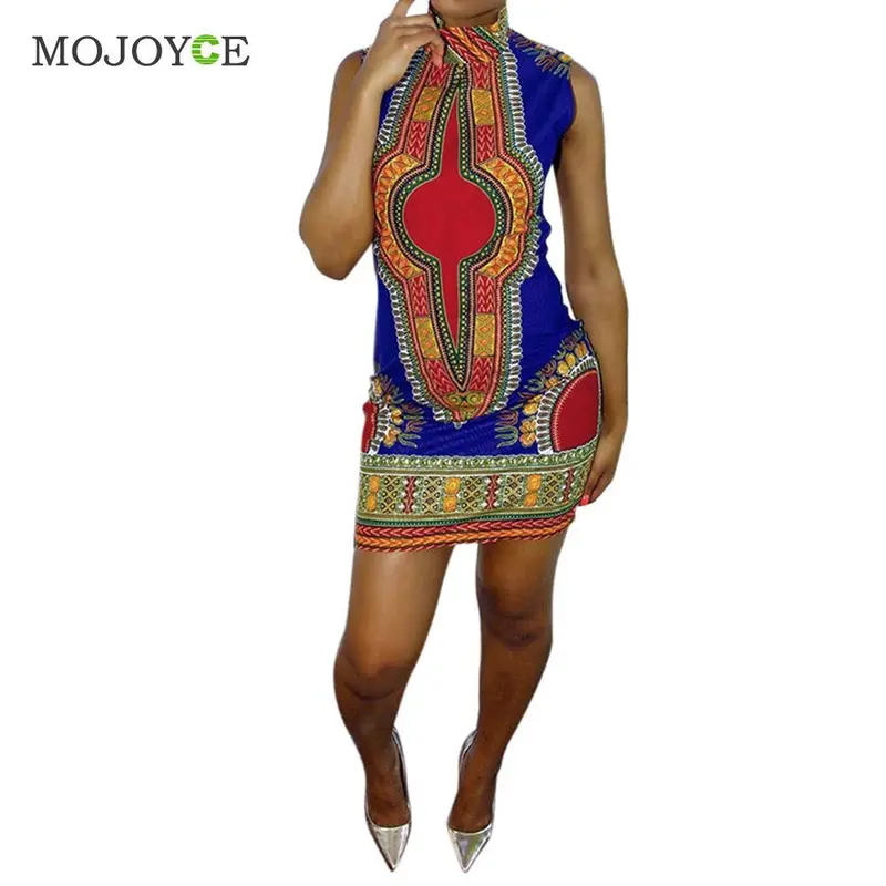 Vintage Traditional African Print Women Dress Sleeveless Dashiki Bodycon Dress O-Neck Vestidos Dress Vestido De Festa 1