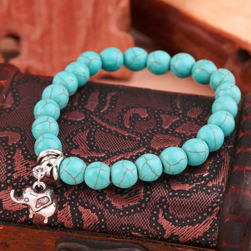 Vintage Turquoise Bead Mixed Charm Bracelet Stretch Bangle 1