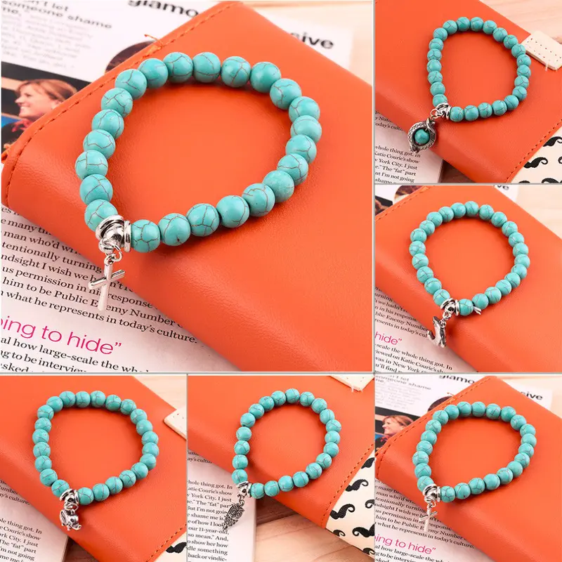 Vintage Turquoise Bead Mixed Charm Bracelet Stretch Bangle 2