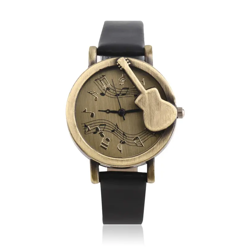 Vintage Unique Design Guitar Pattern Stave Dial Music Notation Analog Quartz Wrist Watch Pu Leather Watchs Retro Gift 1