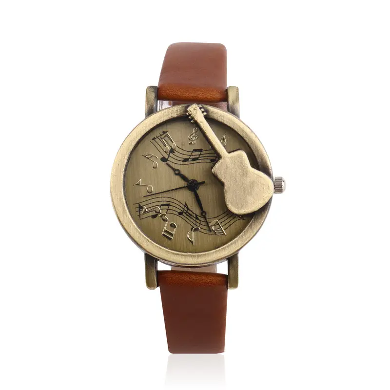 Vintage Unique Design Guitar Pattern Stave Dial Music Notation Analog Quartz Wrist Watch Pu Leather Watchs Retro Gift 3