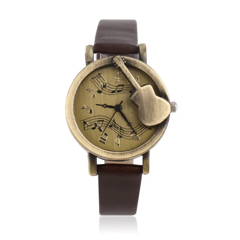 Vintage Unique Design Guitar Pattern Stave Dial Music Notation Analog Quartz Wrist Watch Pu Leather Watchs Retro Gift 4