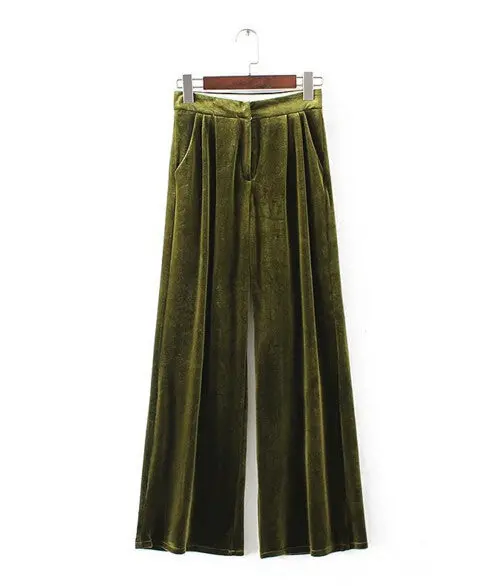 Vintage Velour Wide Leg Pants Woman Retro Velvet Zipper Fly Full Length Trousers Femme Casual Pants 5 Colors S M L 4