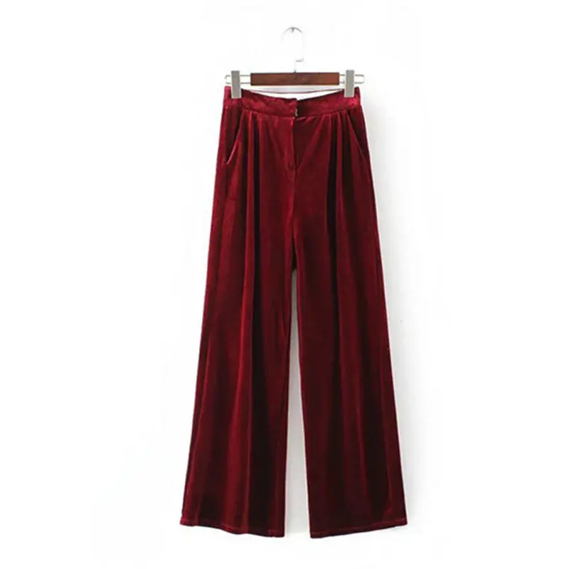 Vintage Velour Wide Leg Pants Woman Retro Velvet Zipper Fly Full Length Trousers Femme Casual Pants 5 Colors S M L 5