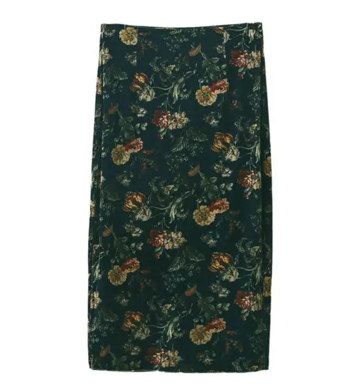 Vintage Velvet High Waist Print Floral Pencil Skirt Woman Velour Knee-Length Package Hips Skirts Femme 1