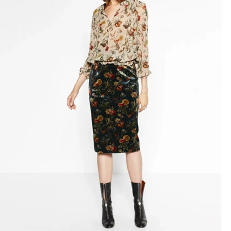 Vintage Velvet High Waist Print Floral Pencil Skirt Woman Velour Knee-Length Package Hips Skirts Femme 2