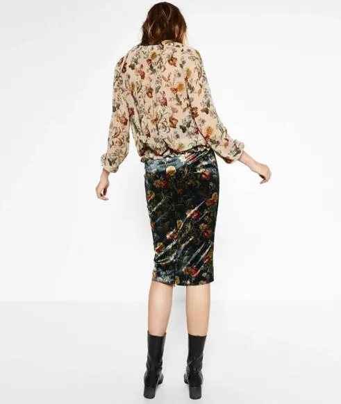 Vintage Velvet High Waist Print Floral Pencil Skirt Woman Velour Knee-Length Package Hips Skirts Femme 3
