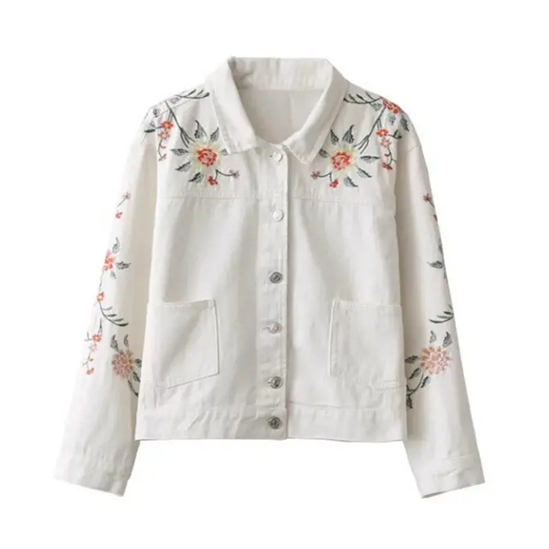Vintage White Pockets Flower Embroidery Denim Jacket Women Lapel Buttons Jacket Loose Coat Femme Jean Outerwear 1