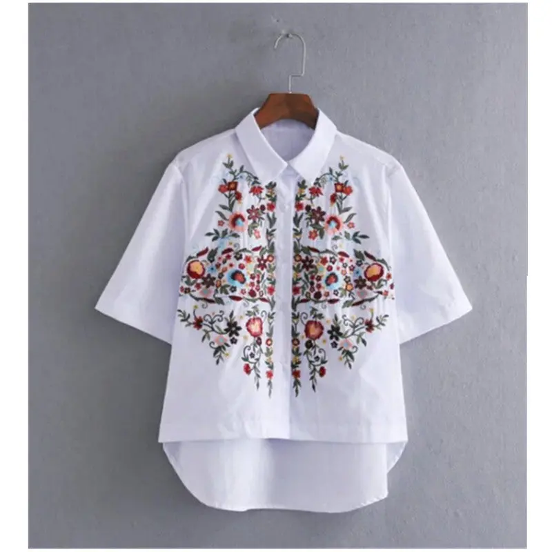 Vintage White Print Colored Flower Embroidery Shirt Lapel Short Sleeve White Blouse Tops Blusas Chemise Femme Blusa 1