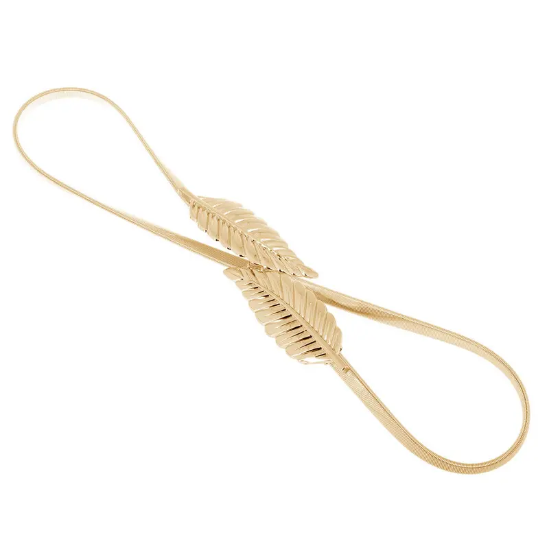Vintage Women Belt Leaf Design Clasp Front Stretch Metal Waist Belt Skinny Elastic Cinturon Ceinture Femme Gold Silver 1