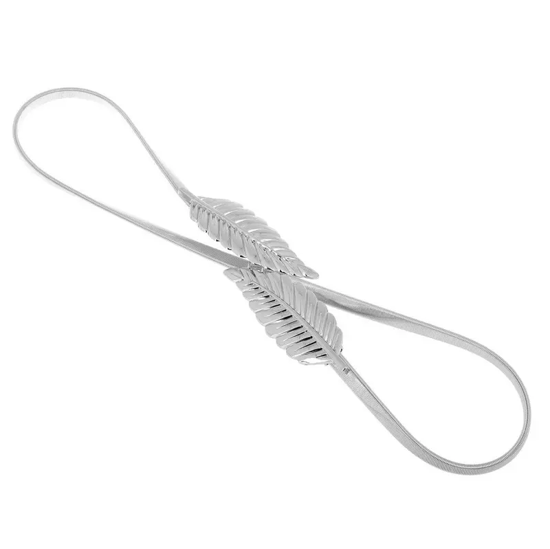 Vintage Women Belt Leaf Design Clasp Front Stretch Metal Waist Belt Skinny Elastic Cinturon Ceinture Femme Gold Silver 2