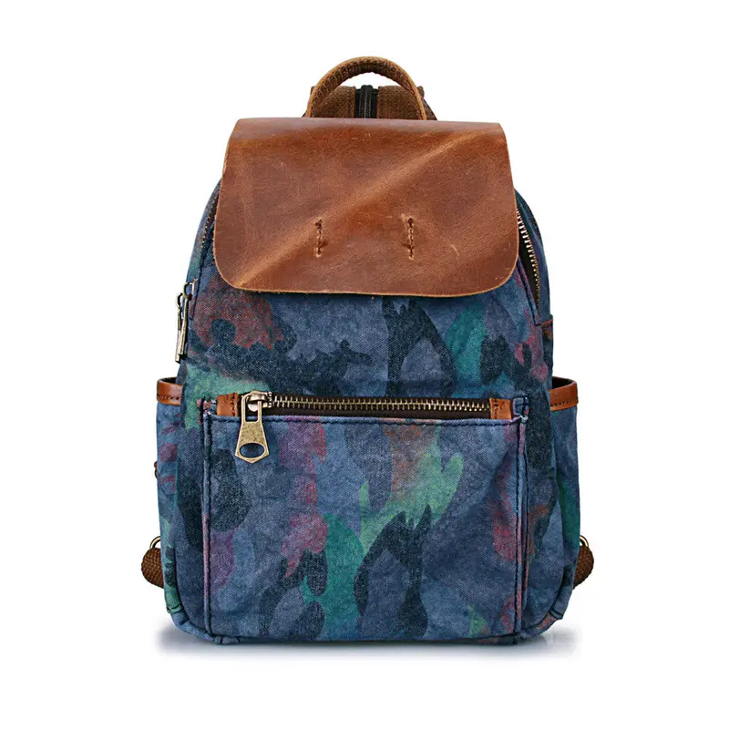 Vintage Women Camouflage Printing Canvas Backpack Leather Retro Small Shoulder Chest Bag Camo Travel Bag Mochila 1