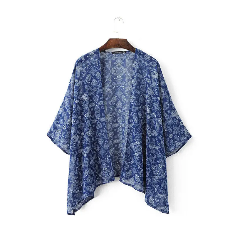 Vintage Women Coat Floral Chiffon Loose Shawl Kimono Boho Cardigan Coat Jacket Beach Cover Up Tops Blouse 1