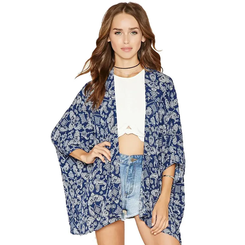 Vintage Women Coat Floral Chiffon Loose Shawl Kimono Boho Cardigan Coat Jacket Beach Cover Up Tops Blouse 2