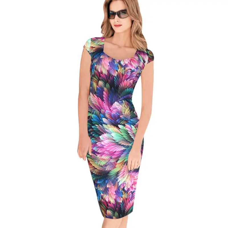 Vintage Women Dress Elegant Floral Print Work Business Clothes Party Sheath Vestidos Femininos Robe 1