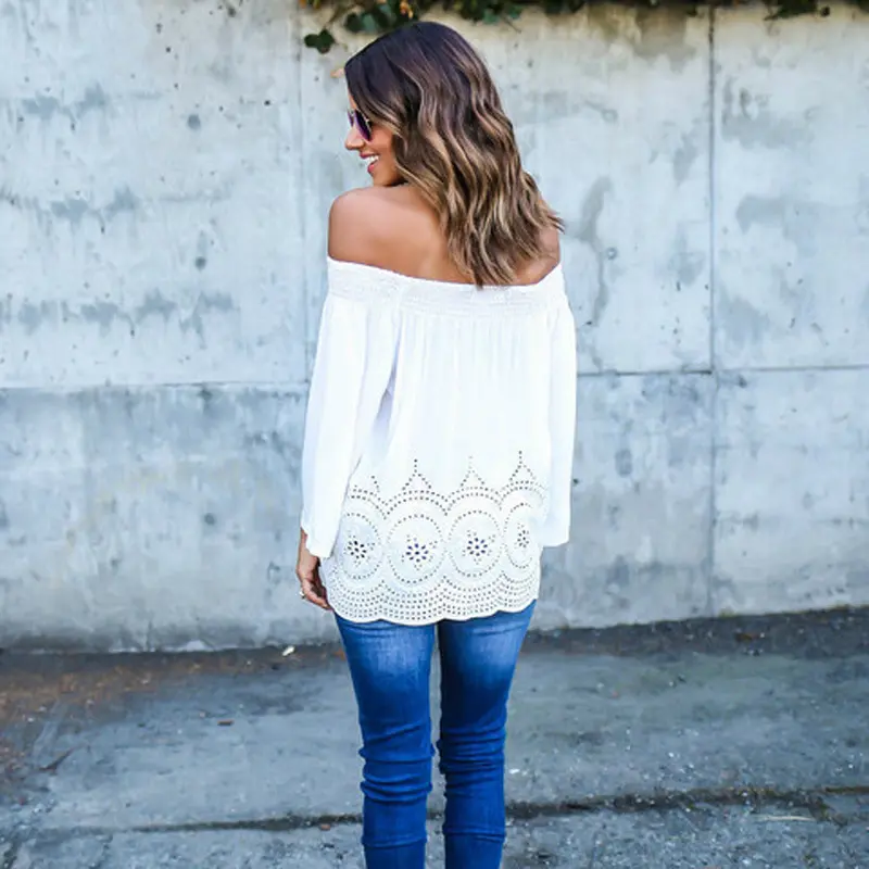 Vintage Women Sexy Blouse Strapless Loose Nine Points Sleeve Embroidered Shirt Ladies Bluse Tops White 2