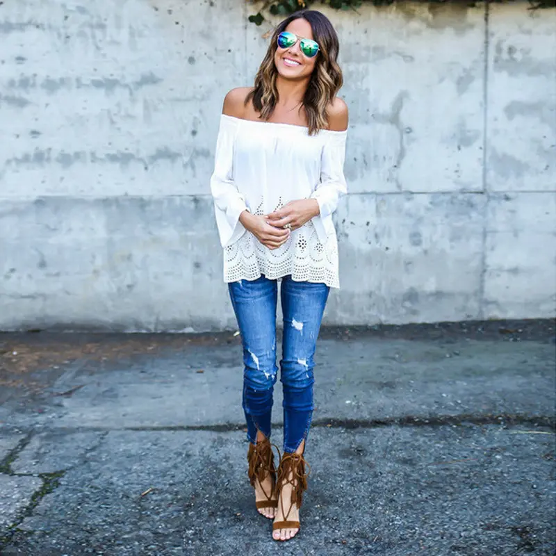 Vintage Women Sexy Blouse Strapless Loose Nine Points Sleeve Embroidered Shirt Ladies Bluse Tops White 3
