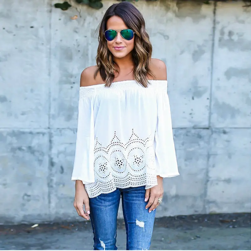 Vintage Women Sexy Blouse Strapless Loose Nine Points Sleeve Embroidered Shirt Ladies Bluse Tops White 4