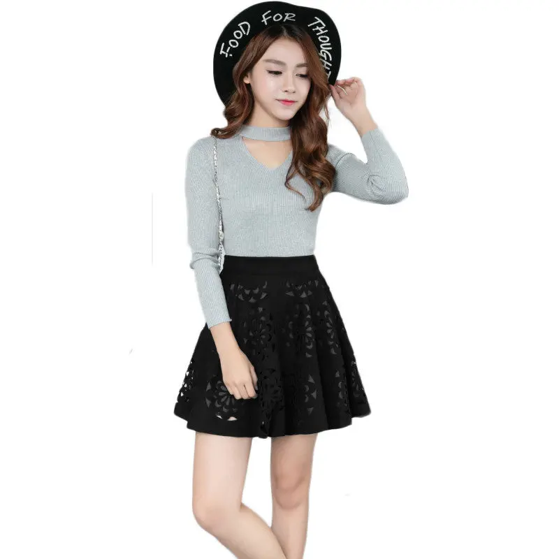 Vintage Women Suede Mini Skirt Laser Cut Floral Pattern A Line Skirt Side Zipper Slim Pleated Skirtd/Khaki Saia Couro 1