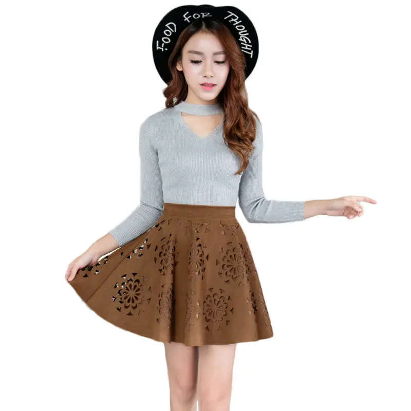 Vintage Women Suede Mini Skirt Laser Cut Floral Pattern A Line Skirt Side Zipper Slim Pleated Skirtd/Khaki Saia Couro 3