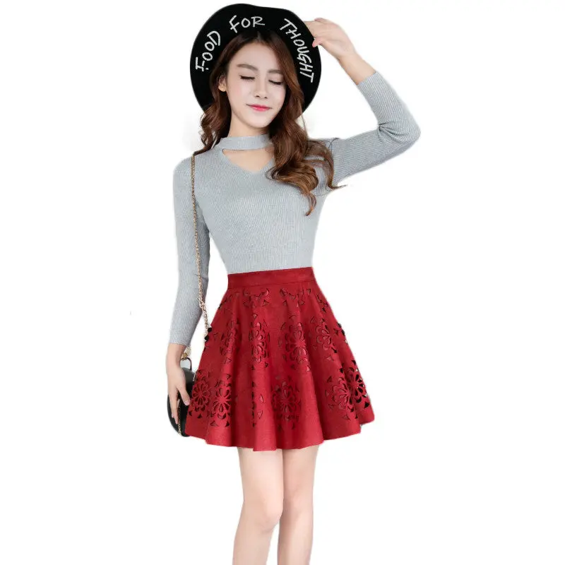 Vintage Women Suede Mini Skirt Laser Cut Floral Pattern A Line Skirt Side Zipper Slim Pleated Skirtd/Khaki Saia Couro 5