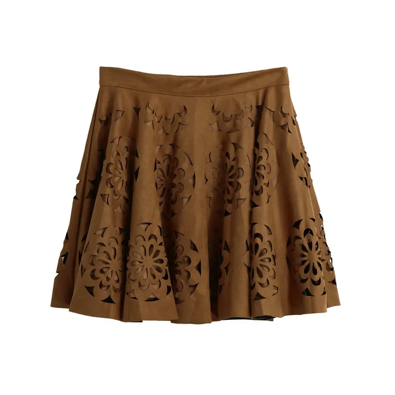 Vintage Women Suede Mini Skirt Laser Cut Floral Pattern A Line Skirt Side Zipper Slim Pleated Skirtd/Khaki Saia Couro 5