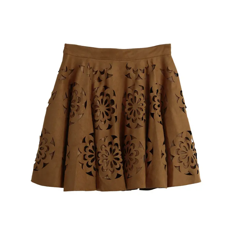 Vintage Women Suede Mini Skirt Laser Cut Floral Pattern A Line Skirt Side Zipper Slim Pleated Skirtd/Khaki Saia Couro 6