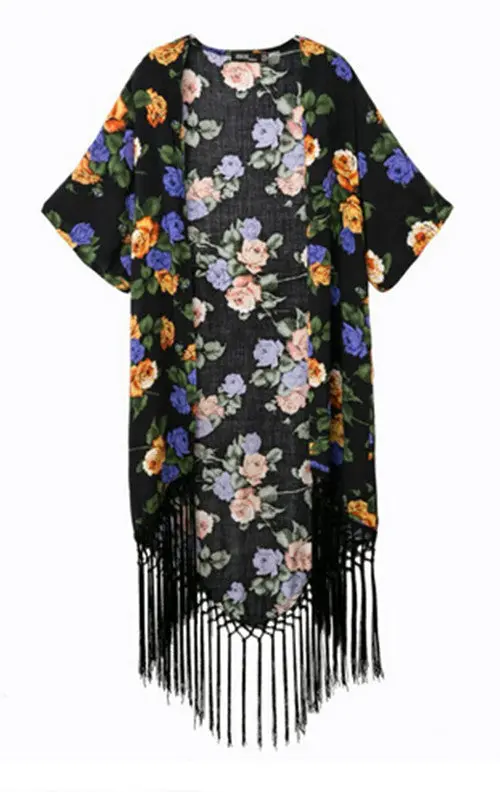 Vintage Women's Ethnic Floral Loose Kimono Cardigan Tassels Shirts No Button Long Blouses Tops 1
