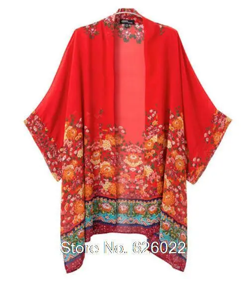 Vintage Women's Flowers Print Red Kimono Cardigan Shirts No Button Batwing Sleeve Cardigan Irregular Hem Blouses Tops 1