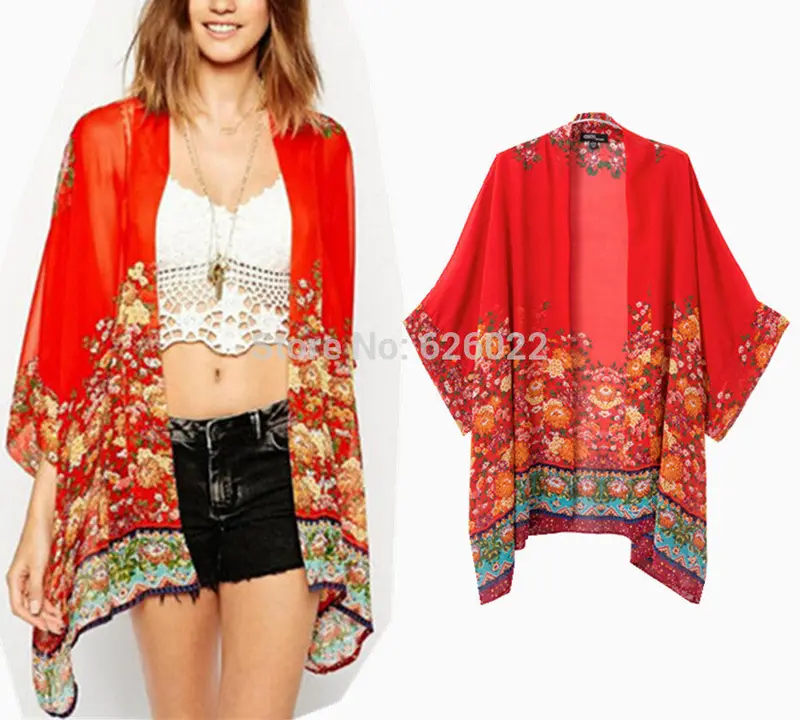 Vintage Women's Flowers Print Red Kimono Cardigan Shirts No Button Batwing Sleeve Cardigan Irregular Hem Blouses Tops 2
