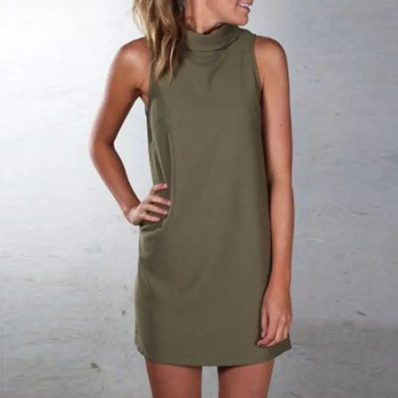 Vintage Womens Office Polo Turtle Neck Sleeveless Plain Mini Dress Robe Feida 6