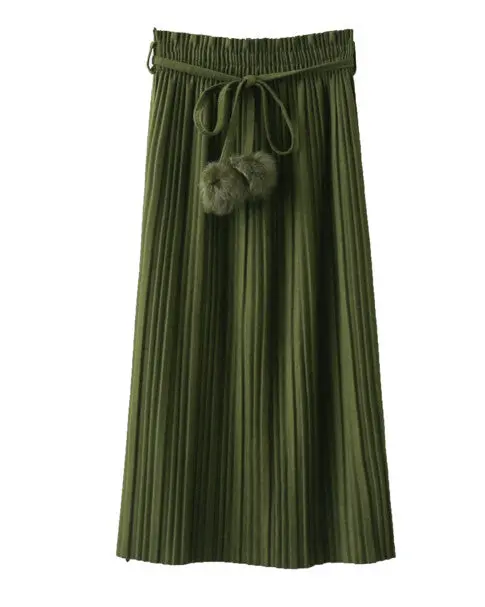 Vintage Wool Blend Faux Fur Ball Sashes Midi Long Pleated Skirt Woman High Waist A Line Skater Swing Skirts 1