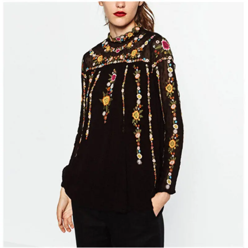 Vintage Za Colorful Floral Embroidery Back Button Chiffon T-Shirt Woman Stand Collar Pullover Long Sleeve Top Femme Black 2