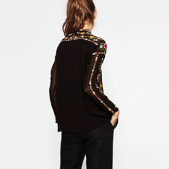Vintage Za Colorful Floral Embroidery Back Button Chiffon T-Shirt Woman Stand Collar Pullover Long Sleeve Top Femme Black 3