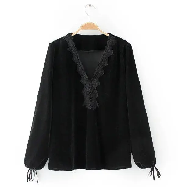 Vintage Za Spliced Lace Deep V Neck Velvet T-Shirt Woman Sexy Velour Pullover Long Sleeve Top Femme Black 1