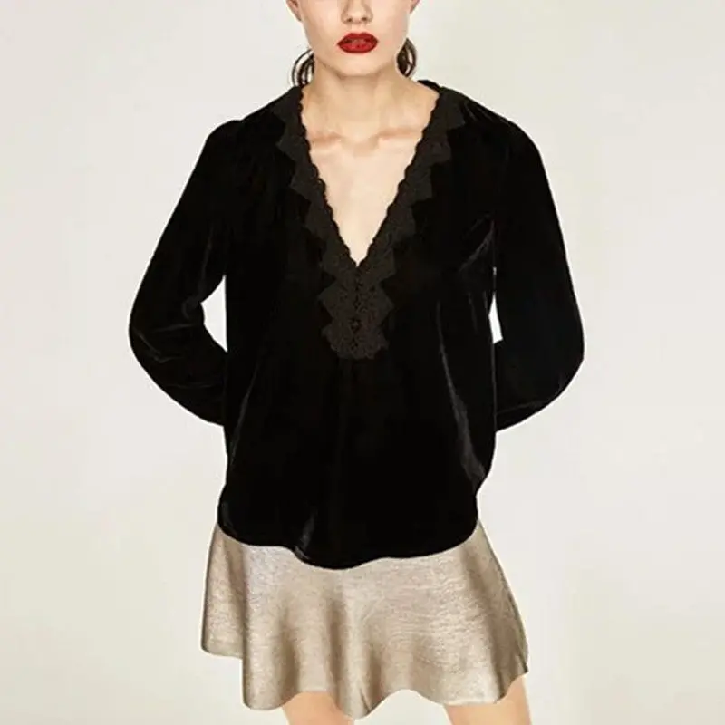 Vintage Za Spliced Lace Deep V Neck Velvet T-Shirt Woman Sexy Velour Pullover Long Sleeve Top Femme Black 2