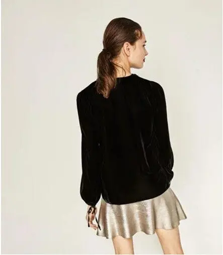 Vintage Za Spliced Lace Deep V Neck Velvet T-Shirt Woman Sexy Velour Pullover Long Sleeve Top Femme Black 3