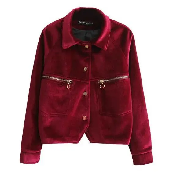 Vintage Zipper Pockets Back Letter Velvet Jacket Woman Lapel Velour Pilot Jacket Short Coat Outerwear Tops Femme 4 Colors 1