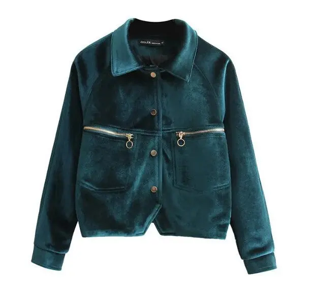 Vintage Zipper Pockets Back Letter Velvet Jacket Woman Lapel Velour Pilot Jacket Short Coat Outerwear Tops Femme 4 Colors 10